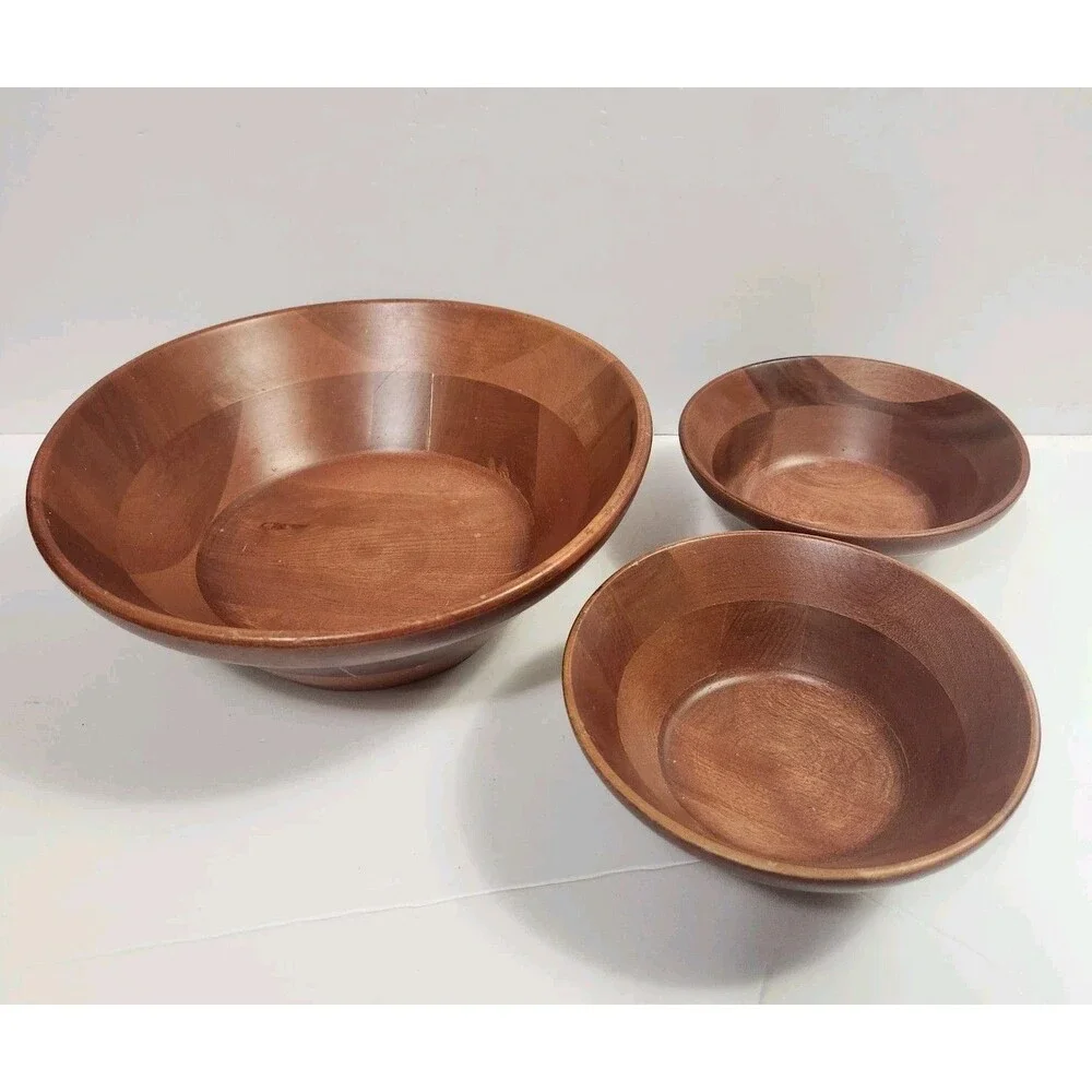 Vintage Wooden Teak Salad Bowls 3 Piece Set ( 1)-9.5